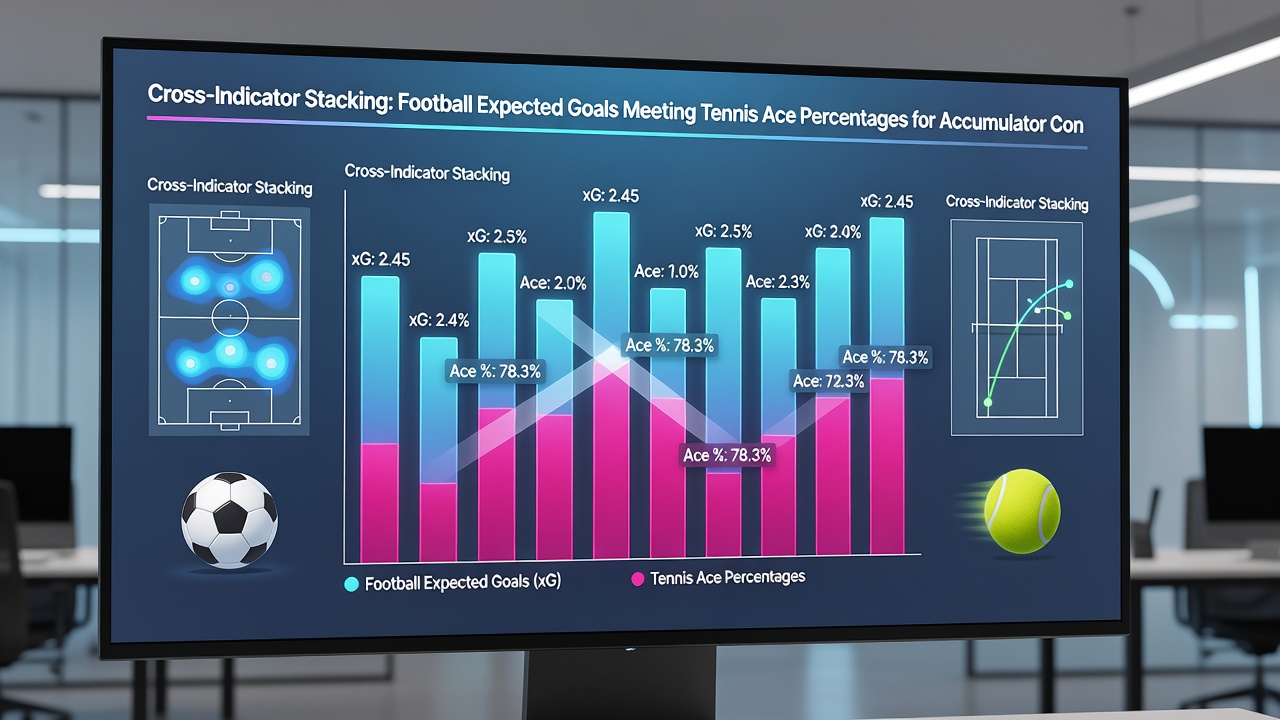 Data visualization of stacked football xG and tennis ace metrics forming accumulator pathways