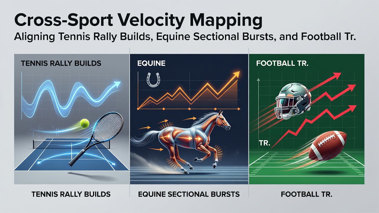 Data visualization of overlaid velocity graphs from tennis, horse racing, and football events with highlighted alignment points
