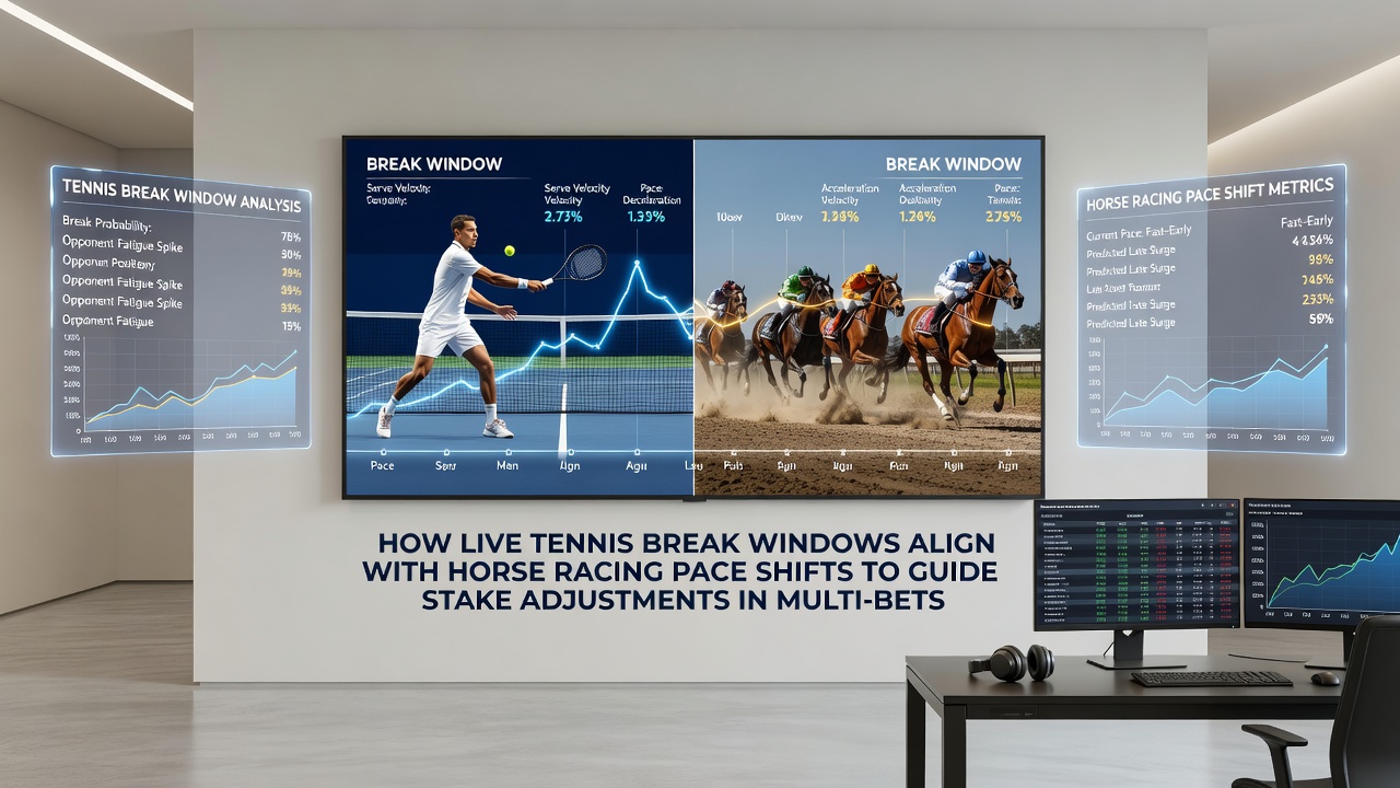 Horse race finish line with jockeys and timing data overlay on screen