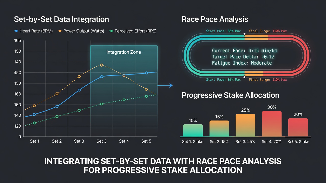 Dashboard interface displaying real-time integration of tennis set statistics and horse racing sectional pace data for stake calculations