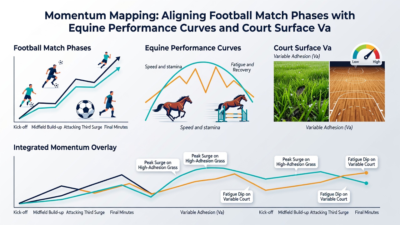Detailed graphs showing synchronized momentum mapping between football phases, horse performance curves, and tennis court surface effects