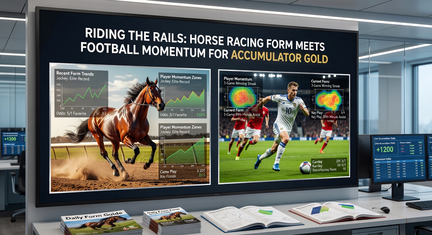 Split-view action shot: left side shows a football team surging forward on a momentum-driven counterattack, right side captures a horse powering home along the rail, symbolizing the powerful combo for betting accumulators