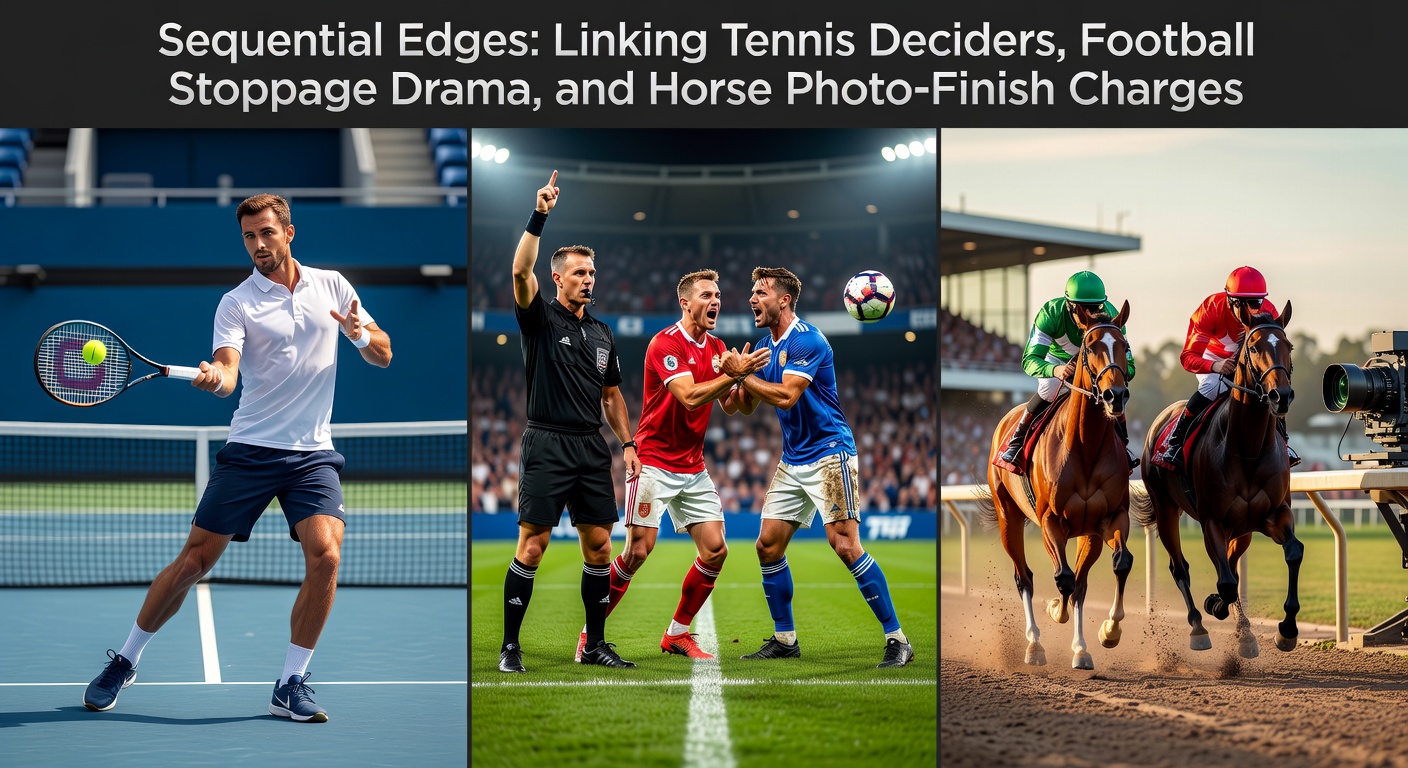 Cluster of horses thundering to the finish line in a tight photo-finish, evoking the intensity of tennis deciders and football stoppage scrambles