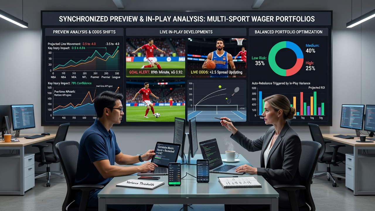 Dashboard screenshot showing synchronized preview metrics and live odds movements for a mixed sports betting portfolio