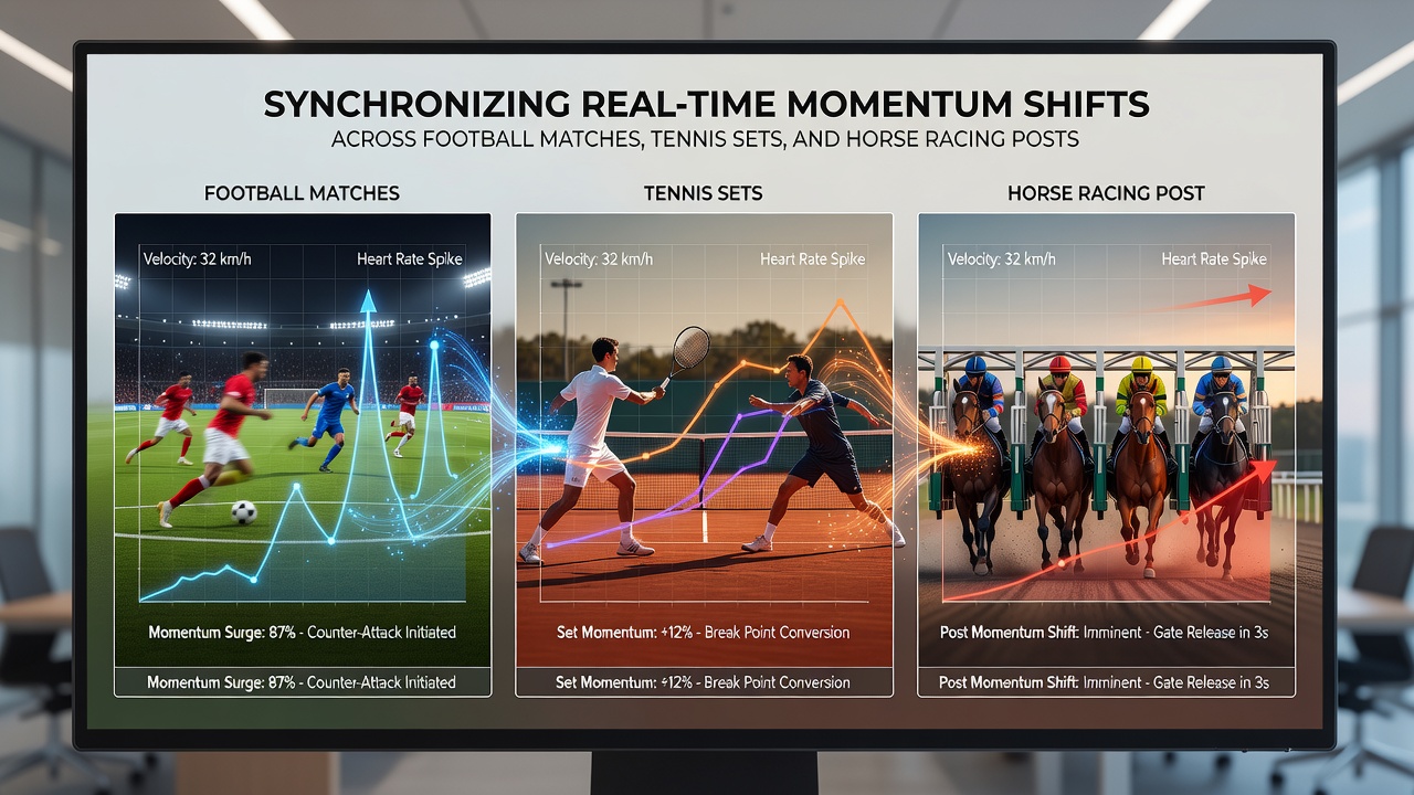 Operators reviewing synchronized analytics across football, tennis, and horse racing events on multiple screens