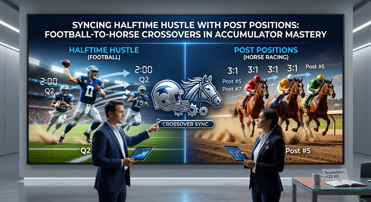 Close-up of a halftime scoreboard from a football match overlaid with a horse racing post position draw chart, highlighting data crossovers for bettors building accumulators