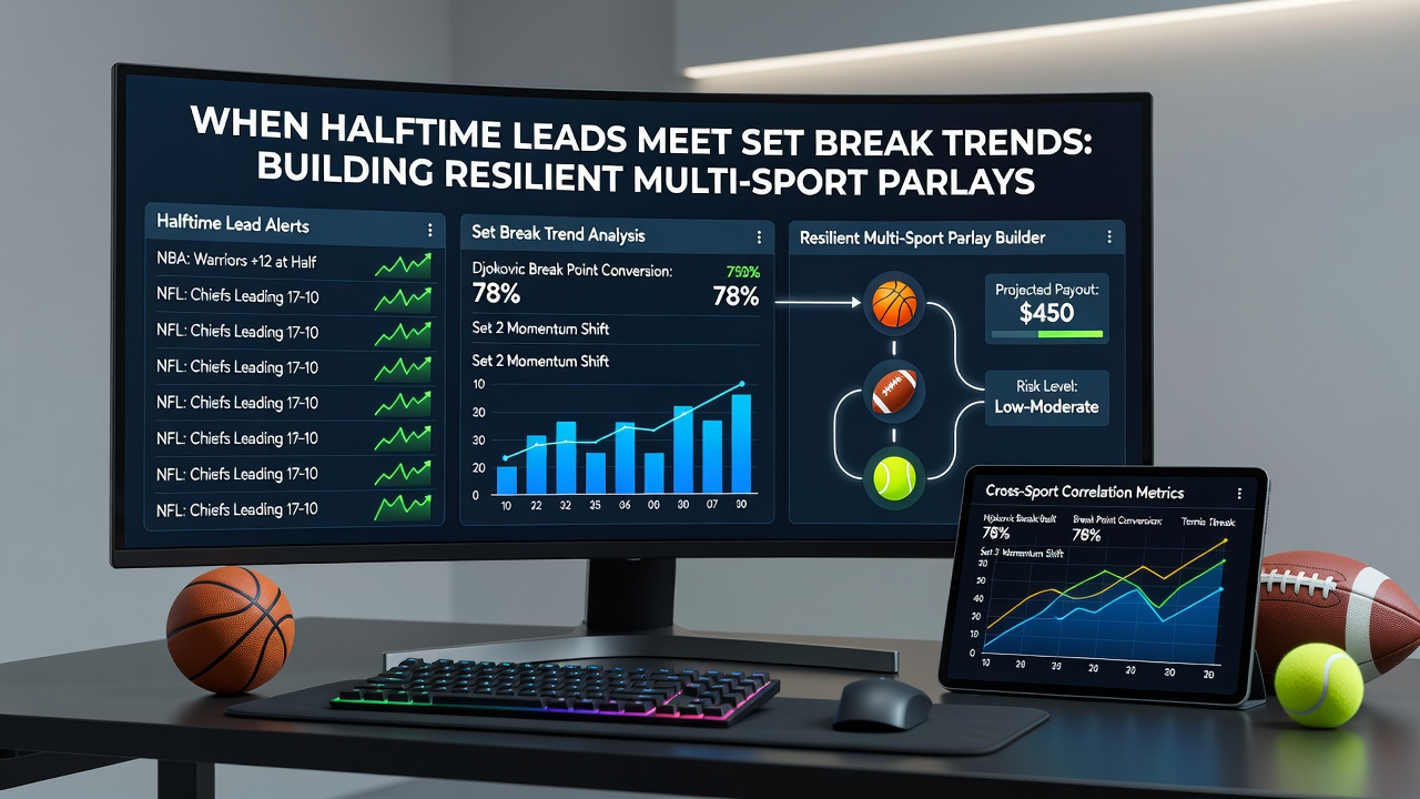 Infographic showing sample multi-sport parlay paths with football halftime indicators feeding into tennis break point selections and payout multipliers